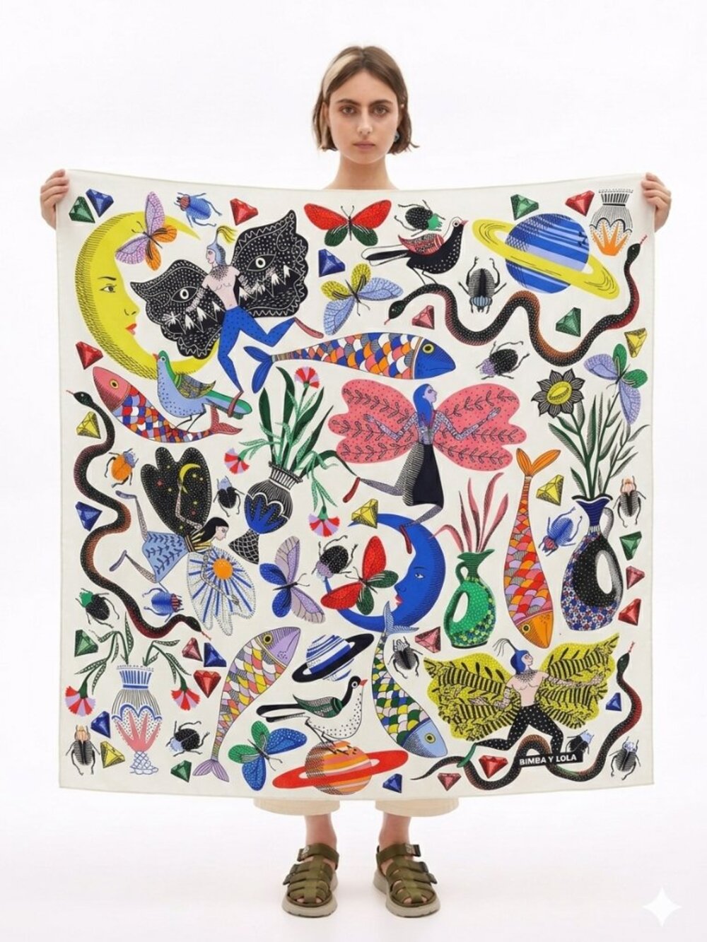 Bimba y Lola Botanical Scarf Anthropologie Floral Square Silk Blend Spain Multic